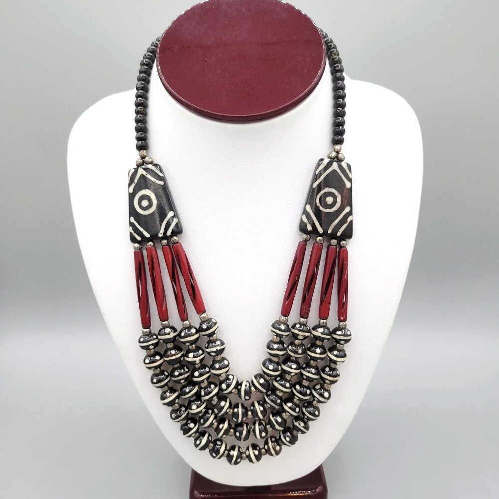 Multi Row Boho Tribal Necklace Black and White Stones Red Tube Beads Vintage